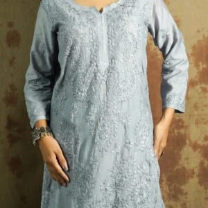 Lucknow Chikankari Hand Embroidered Chanderi Co-Ord Set With Duapatta