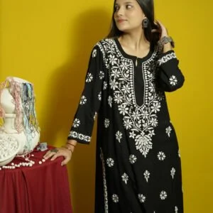 Lucknow Chikankari Hand Embroidered Black Rayon Co-Ord Set
